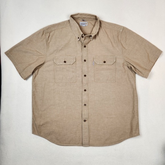 Carhartt Shirt Mens XL Tan Relaxed Fit Midweight Chambray Short Sleeve Button Up - Picture 1 of 11